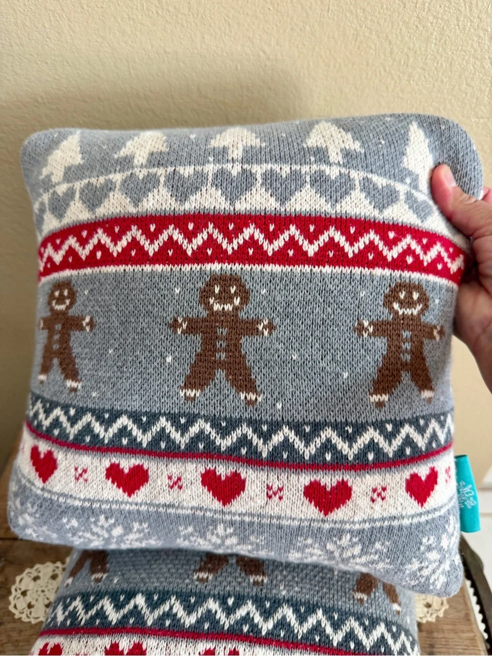 Holiday Gingerbread Knit Decorative Pillow - Gray and Red